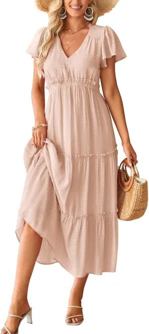 VOTEPRETTY Women's 2025 Summer Boho Maxi Dresses Flutter Short Sleeve V Neck Casual Beach Wedding Guest Vacation Long Dress