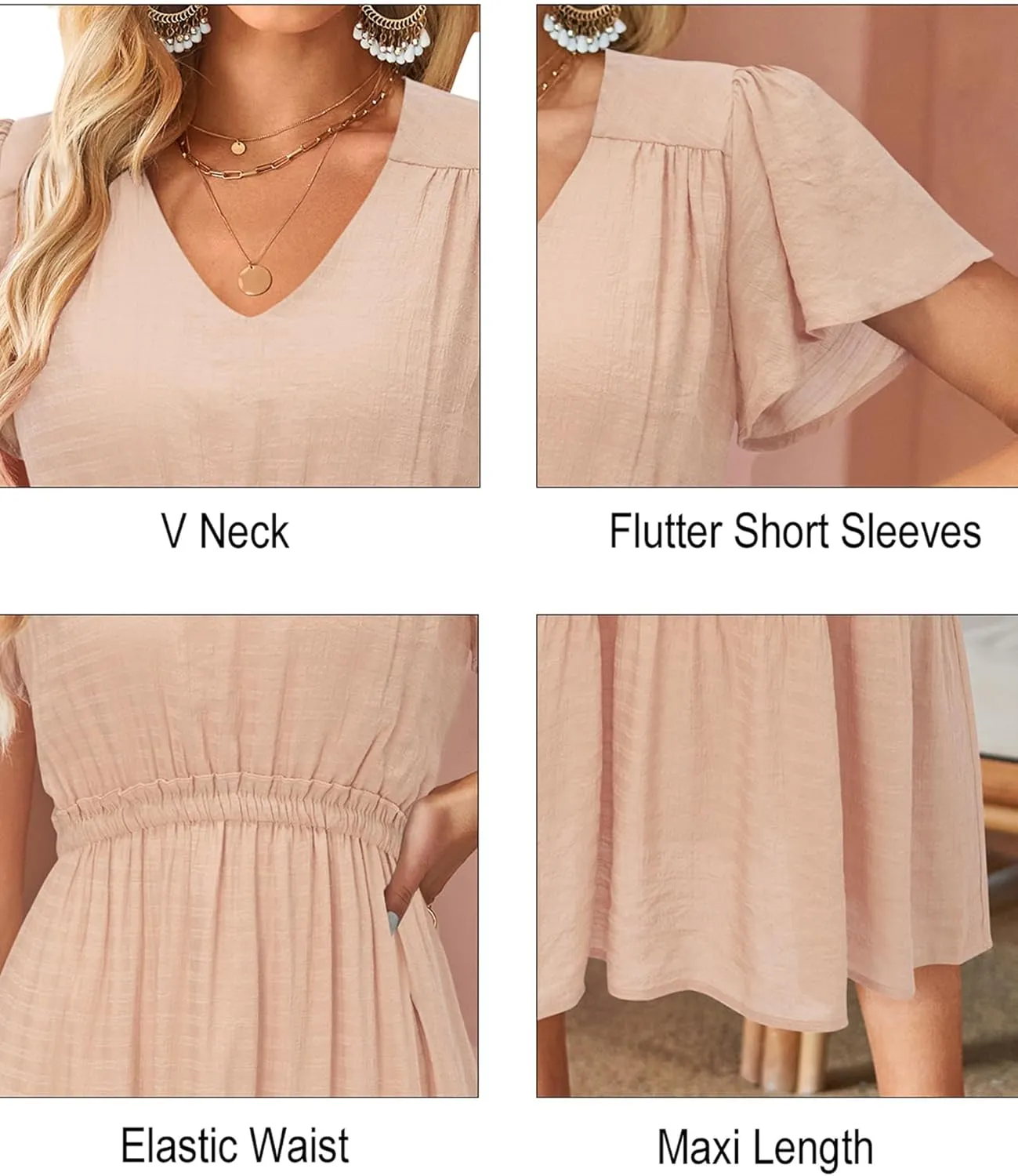 VOTEPRETTY Women's 2025 Summer Boho Maxi Dresses Flutter Short Sleeve V Neck Casual Beach Wedding Guest Vacation Long Dress