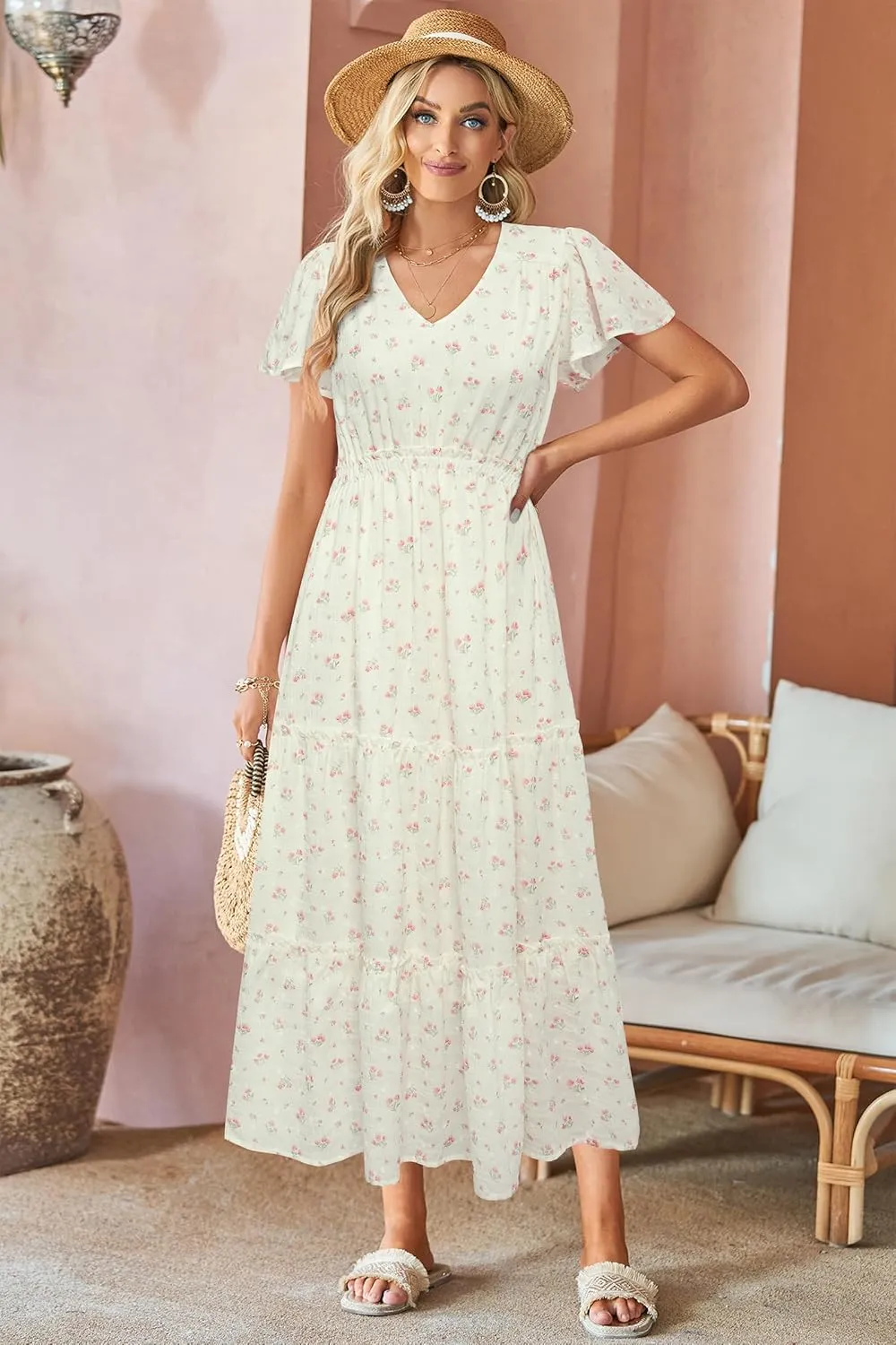 VOTEPRETTY Women's 2025 Summer Boho Maxi Dresses Flutter Short Sleeve V Neck Casual Beach Wedding Guest Vacation Long Dress
