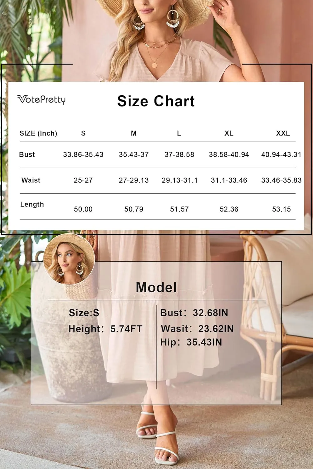 VOTEPRETTY Women's 2025 Summer Boho Maxi Dresses Flutter Short Sleeve V Neck Casual Beach Wedding Guest Vacation Long Dress