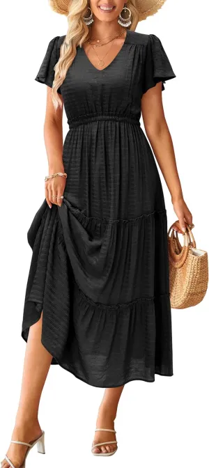 VOTEPRETTY Women's 2025 Summer Boho Maxi Dresses Flutter Short Sleeve V Neck Casual Beach Wedding Guest Vacation Long Dress
