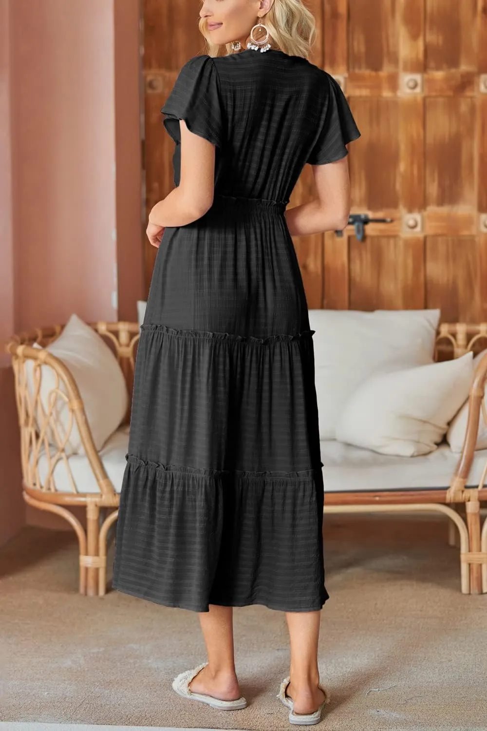 VOTEPRETTY Women's 2025 Summer Boho Maxi Dresses Flutter Short Sleeve V Neck Casual Beach Wedding Guest Vacation Long Dress