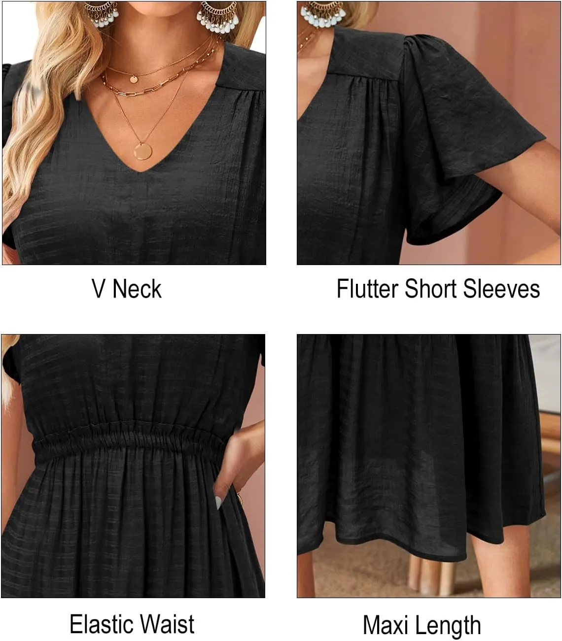 VOTEPRETTY Women's 2025 Summer Boho Maxi Dresses Flutter Short Sleeve V Neck Casual Beach Wedding Guest Vacation Long Dress