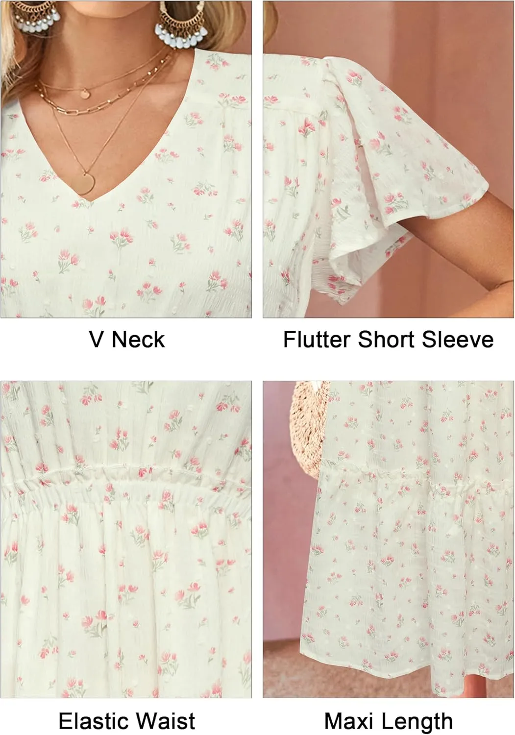 VOTEPRETTY Women's 2025 Summer Boho Maxi Dresses Flutter Short Sleeve V Neck Casual Beach Wedding Guest Vacation Long Dress