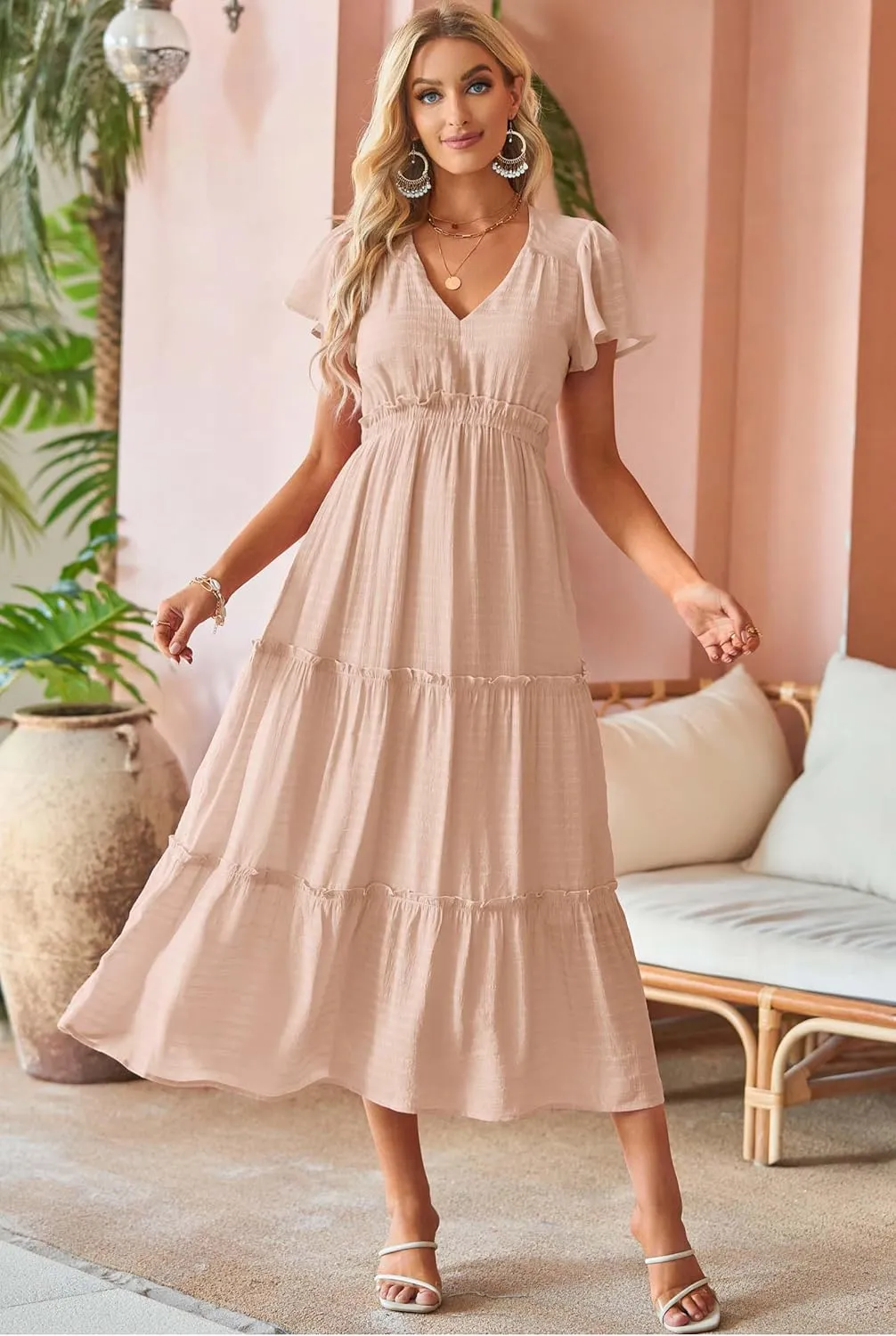 VOTEPRETTY Women's 2025 Summer Boho Maxi Dresses Flutter Short Sleeve V Neck Casual Beach Wedding Guest Vacation Long Dress
