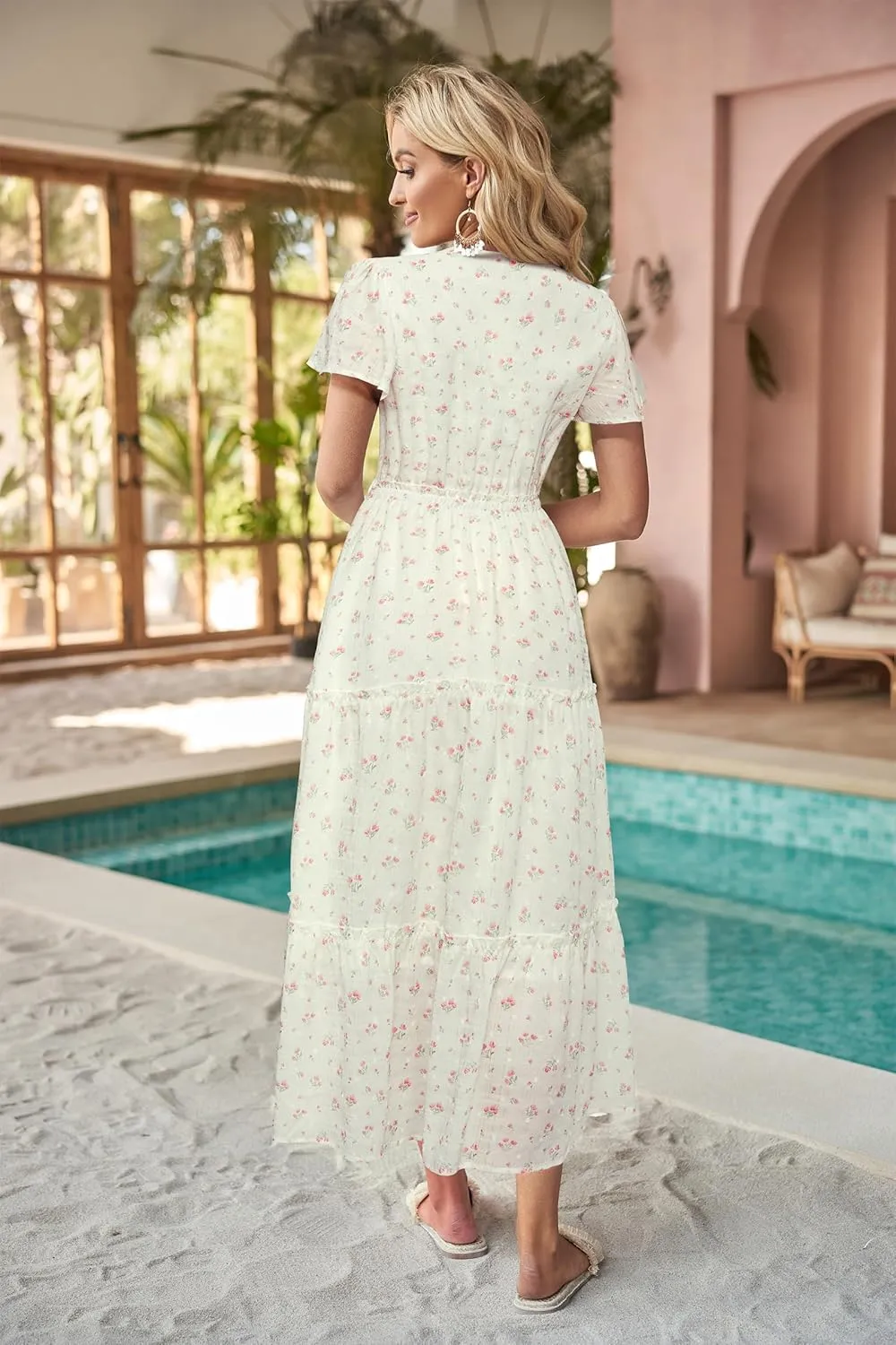 VOTEPRETTY Women's 2025 Summer Boho Maxi Dresses Flutter Short Sleeve V Neck Casual Beach Wedding Guest Vacation Long Dress
