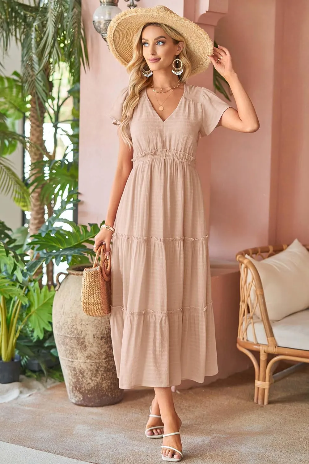 VOTEPRETTY Women's 2025 Summer Boho Maxi Dresses Flutter Short Sleeve V Neck Casual Beach Wedding Guest Vacation Long Dress