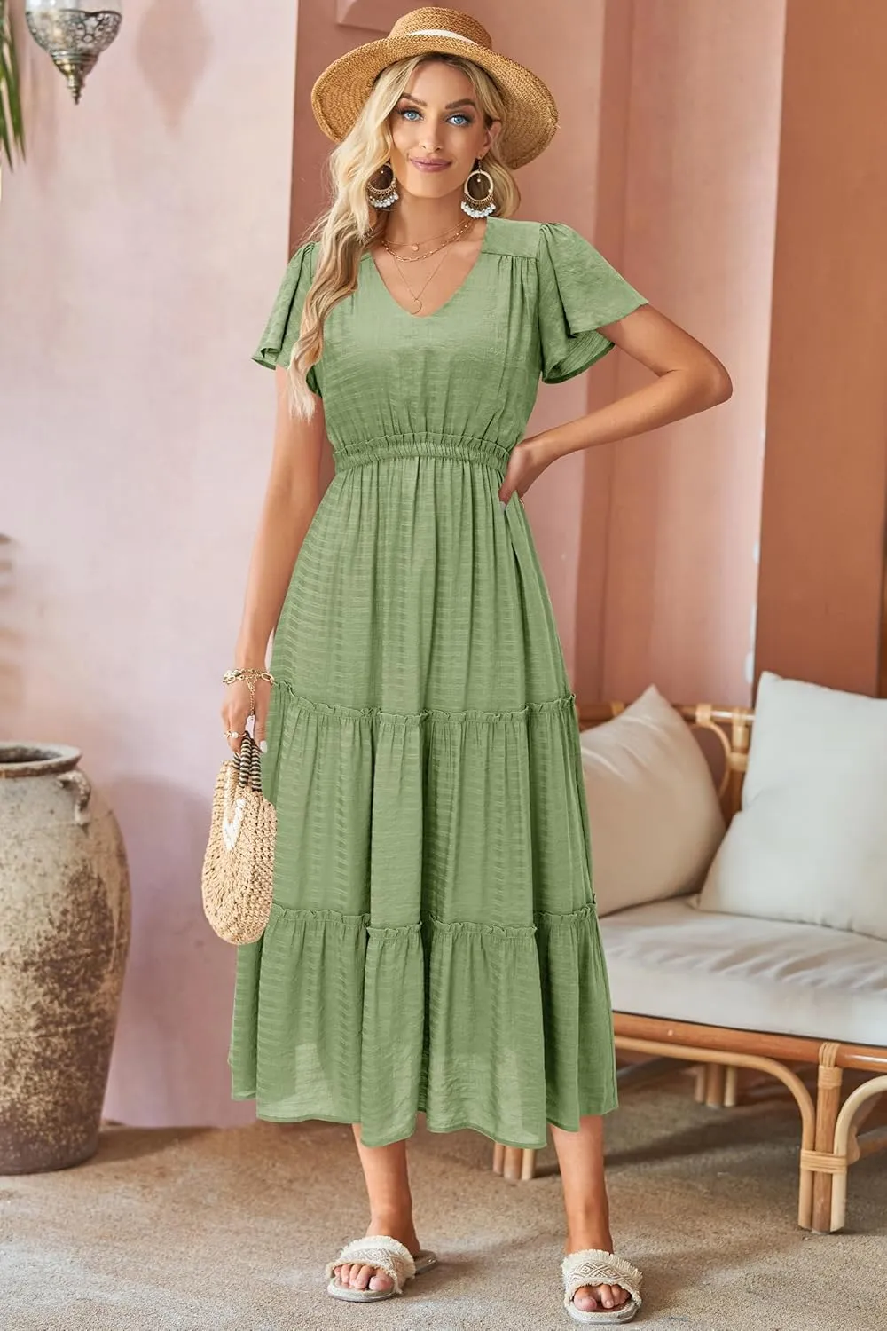 VOTEPRETTY Women's 2025 Summer Boho Maxi Dresses Flutter Short Sleeve V Neck Casual Beach Wedding Guest Vacation Long Dress