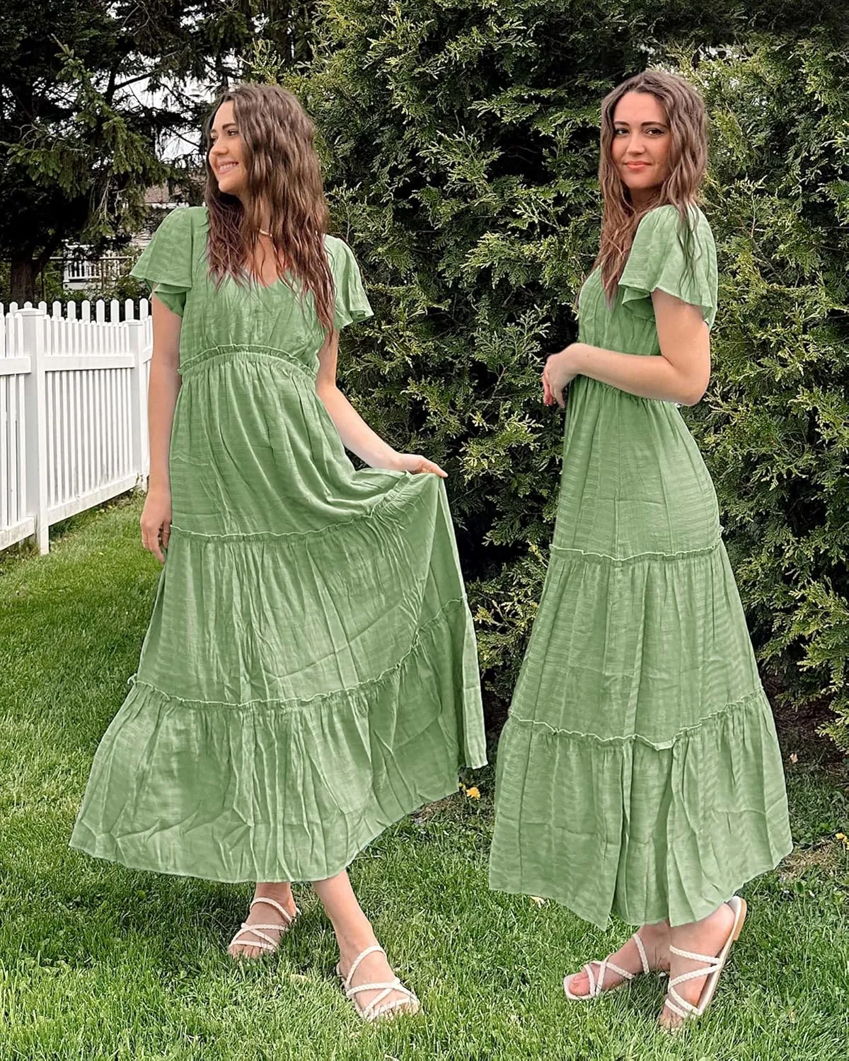 VOTEPRETTY Women's 2025 Summer Boho Maxi Dresses Flutter Short Sleeve V Neck Casual Beach Wedding Guest Vacation Long Dress