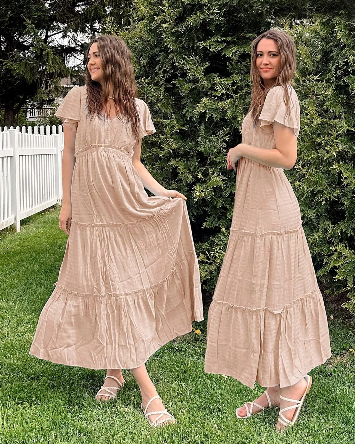 VOTEPRETTY Women's 2025 Summer Boho Maxi Dresses Flutter Short Sleeve V Neck Casual Beach Wedding Guest Vacation Long Dress