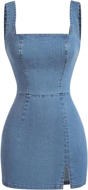 WDIRARA Women's Sleeveless Mini Denim Dress Slit Asymmetrical Hem Bodycon Tank Dresses