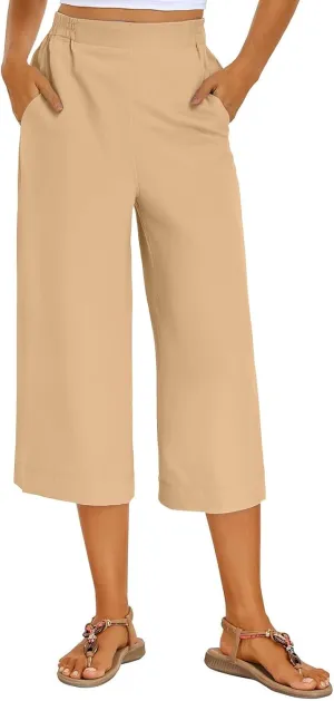 Wide Leg Capri Pants for Women Summer Drawstring Elastic Waist Pants Trendy Split Hem Cropped Trousers with Pockets