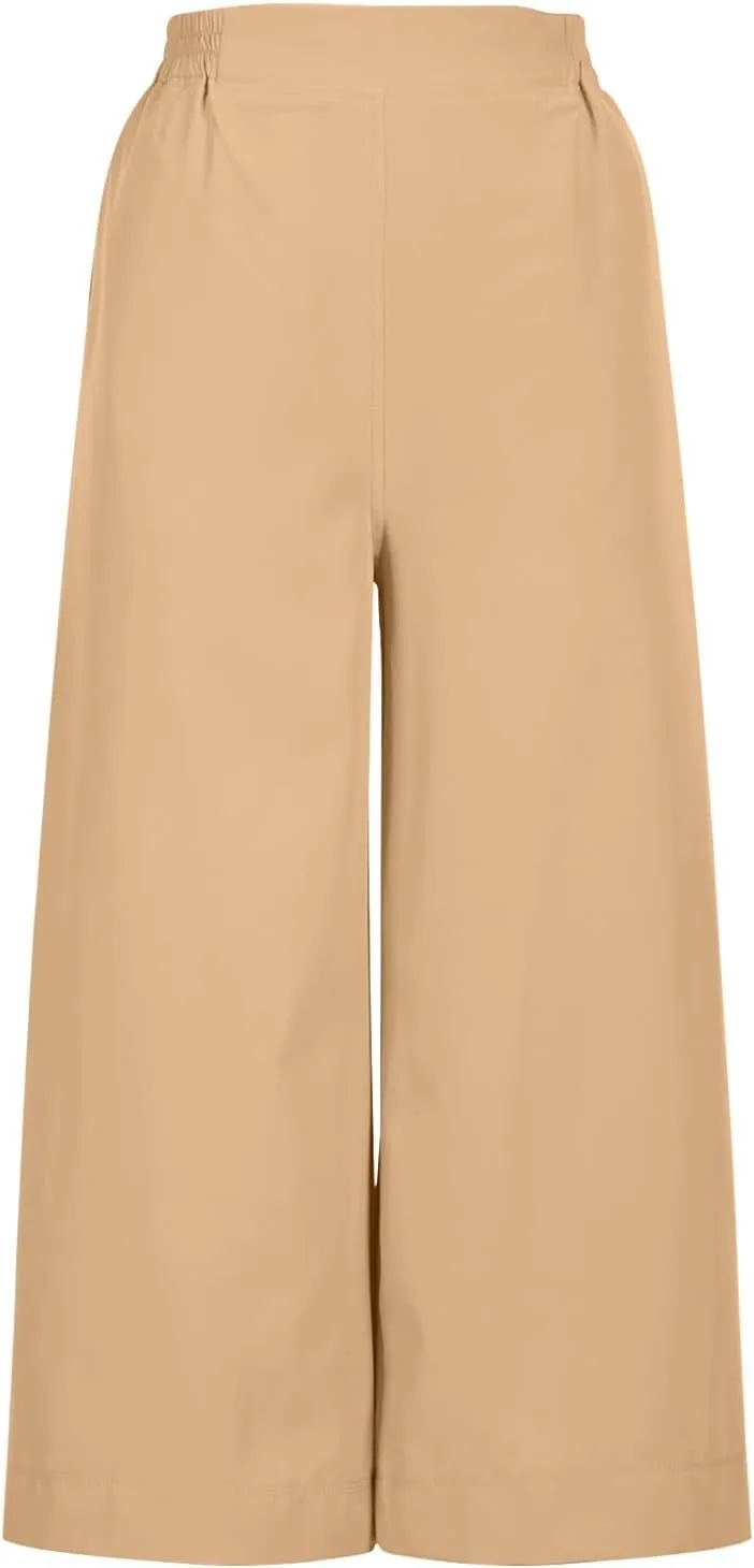 Wide Leg Capri Pants for Women Summer Drawstring Elastic Waist Pants Trendy Split Hem Cropped Trousers with Pockets