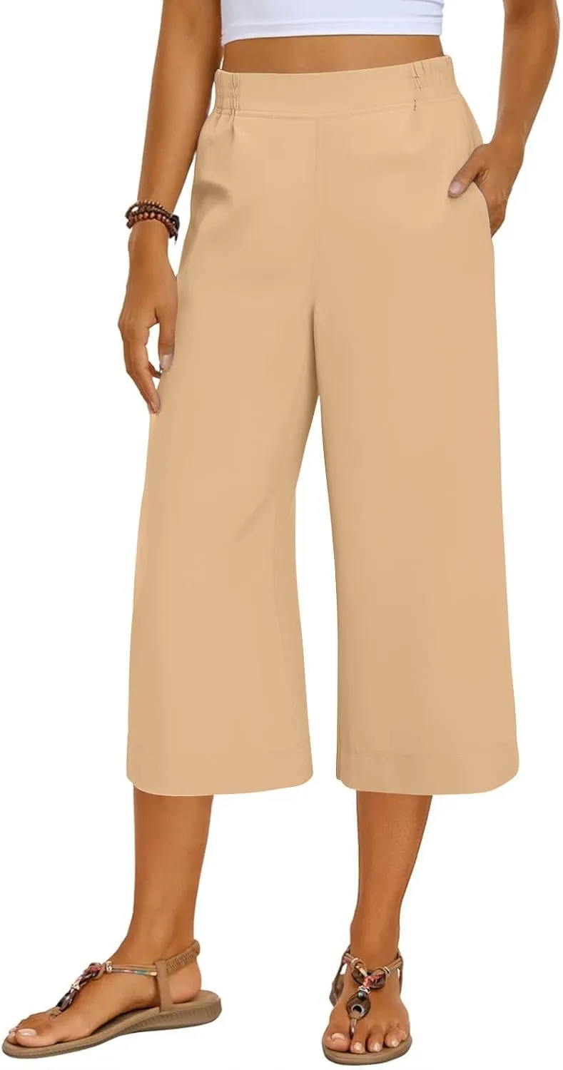 Wide Leg Capri Pants for Women Summer Drawstring Elastic Waist Pants Trendy Split Hem Cropped Trousers with Pockets