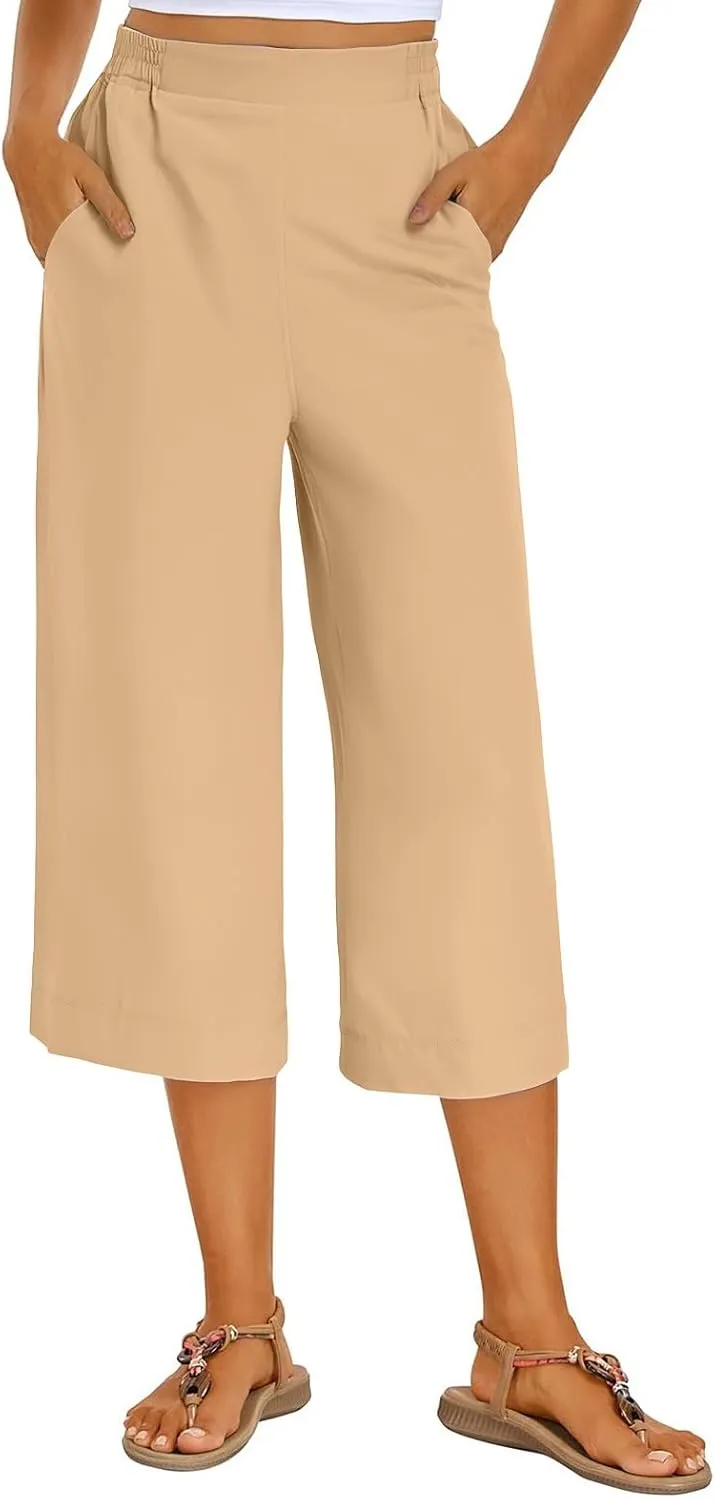 Wide Leg Capri Pants for Women Summer Drawstring Elastic Waist Pants Trendy Split Hem Cropped Trousers with Pockets
