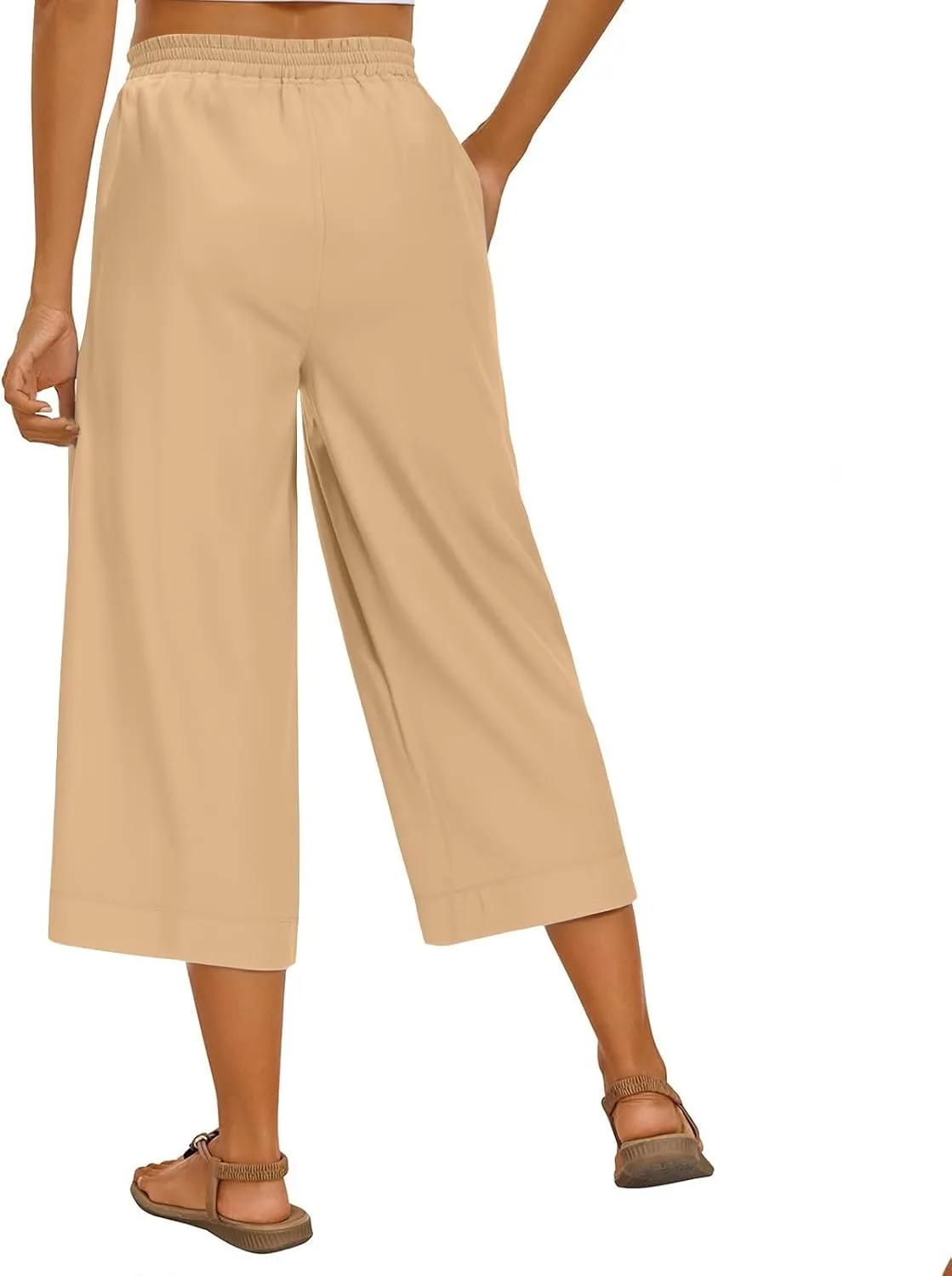 Wide Leg Capri Pants for Women Summer Drawstring Elastic Waist Pants Trendy Split Hem Cropped Trousers with Pockets