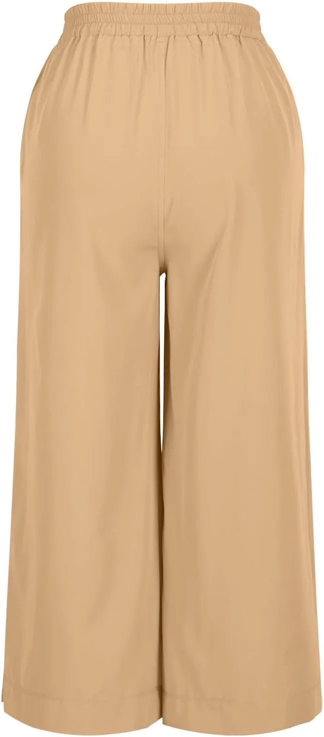 Wide Leg Capri Pants for Women Summer Drawstring Elastic Waist Pants Trendy Split Hem Cropped Trousers with Pockets