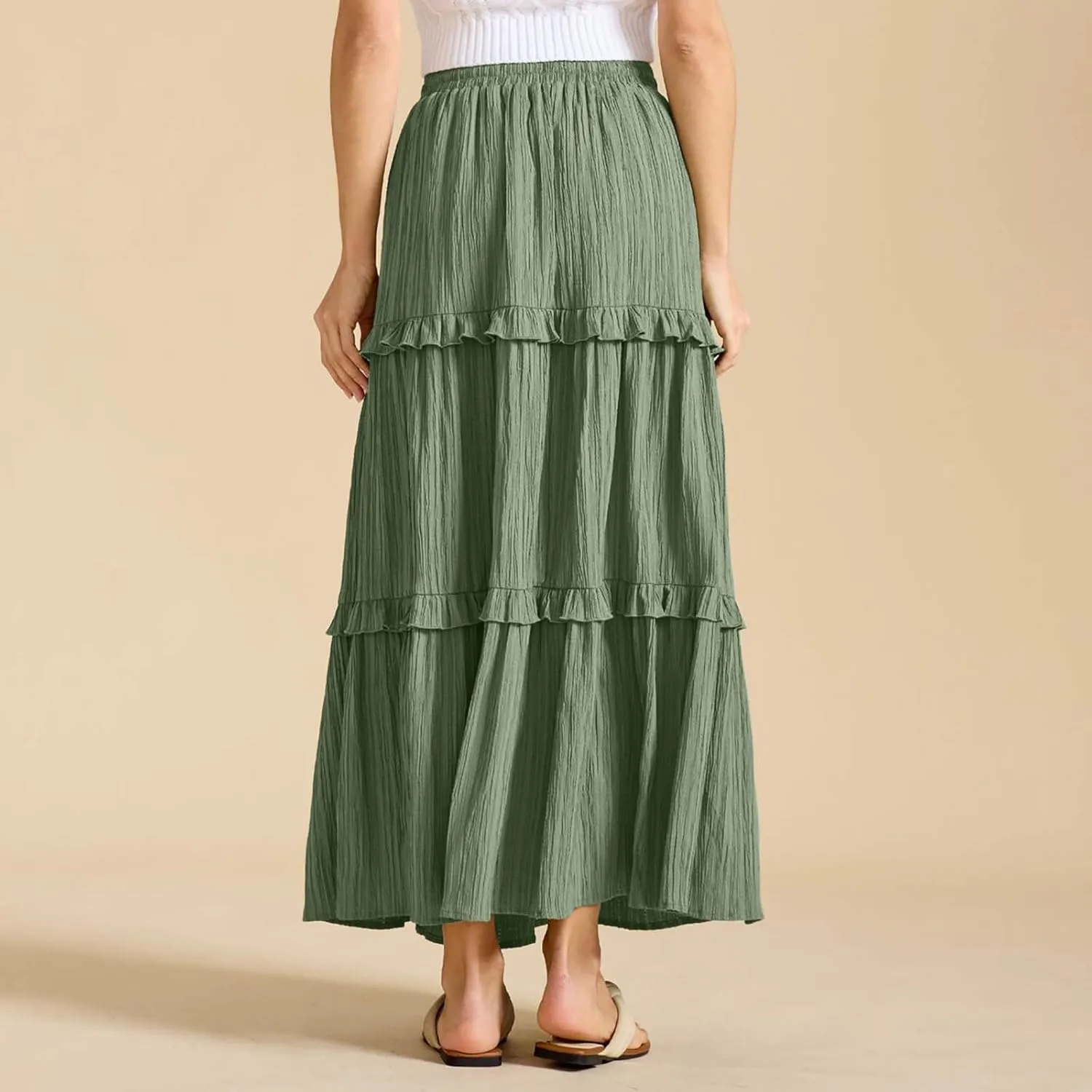 Women Boho Elastic High Waist Pleated A-Line Skirts Flowy Swing Tiered Maxi Long Skirt Dress Summer Trendy