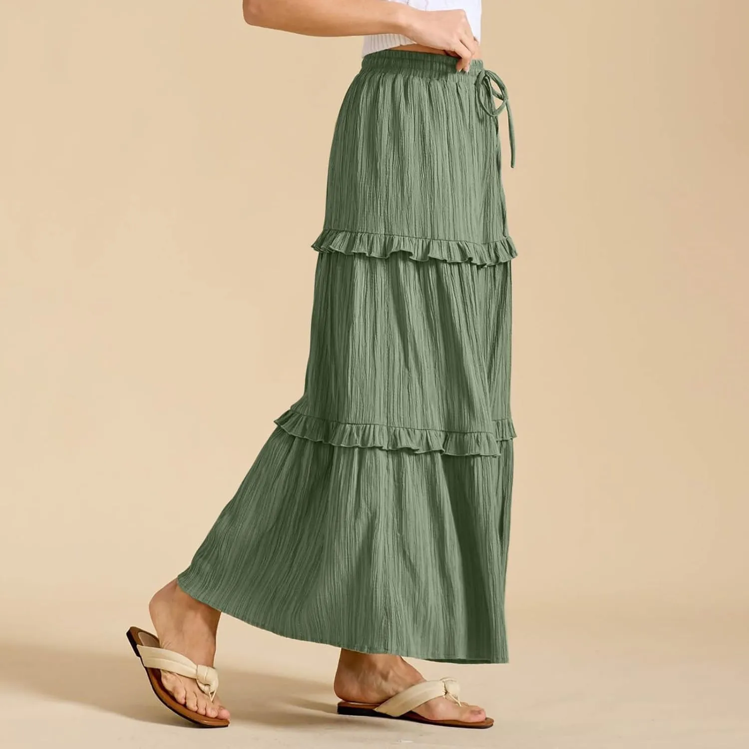 Women Boho Elastic High Waist Pleated A-Line Skirts Flowy Swing Tiered Maxi Long Skirt Dress Summer Trendy