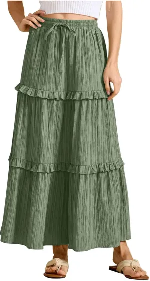Women Boho Elastic High Waist Pleated A-Line Skirts Flowy Swing Tiered Maxi Long Skirt Dress Summer Trendy