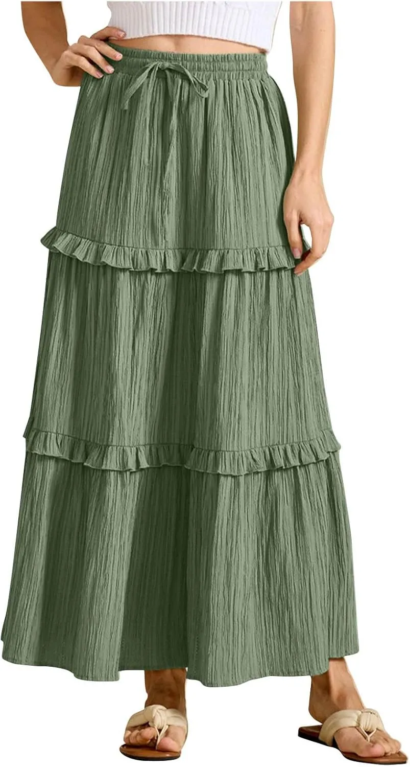 Women Boho Elastic High Waist Pleated A-Line Skirts Flowy Swing Tiered Maxi Long Skirt Dress Summer Trendy