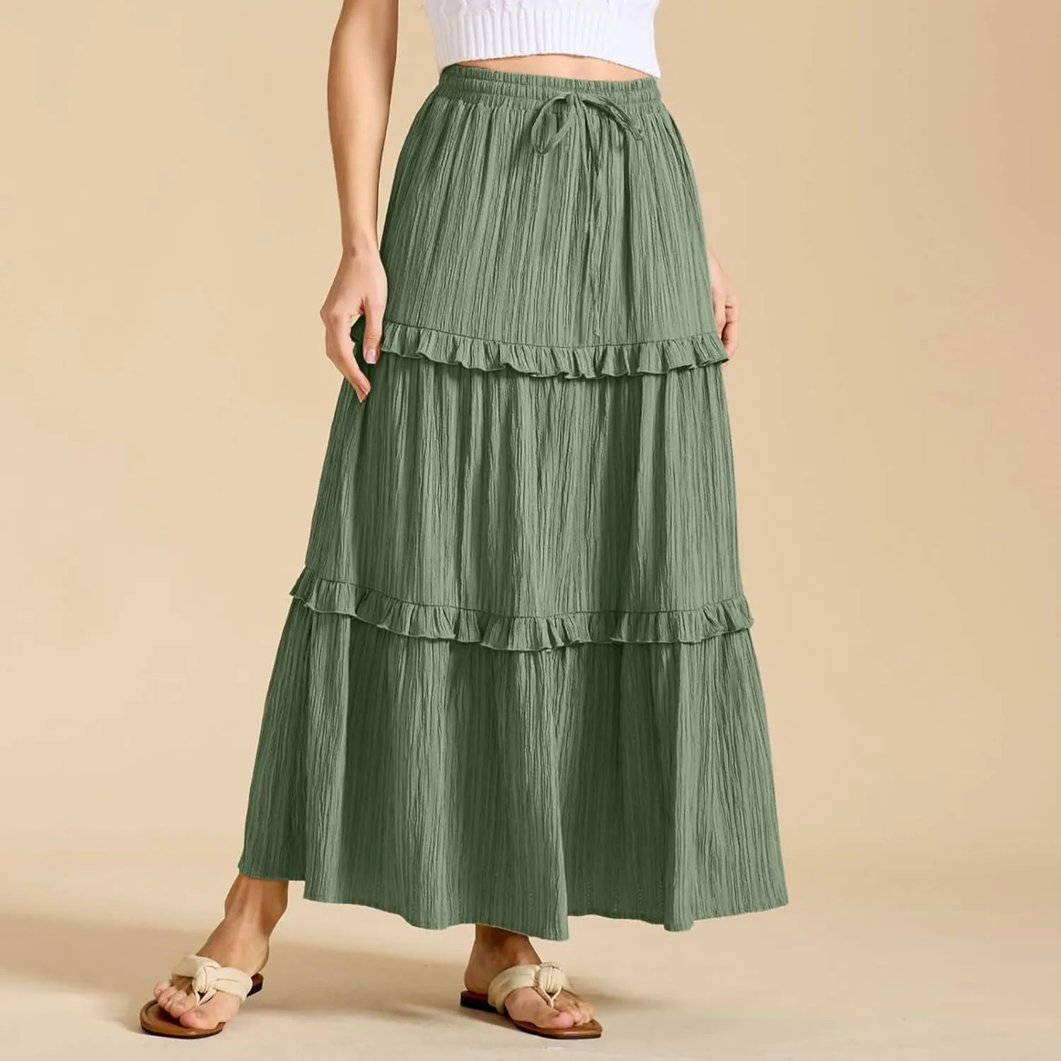 Women Boho Elastic High Waist Pleated A-Line Skirts Flowy Swing Tiered Maxi Long Skirt Dress Summer Trendy