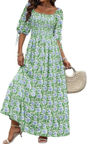 Women Boho Maxi Dresses Summer 2025 Puff Sleeve Square Neck Smocked Aline Casual Ruffle Tiered Flowy Beach Long Dress Pocket