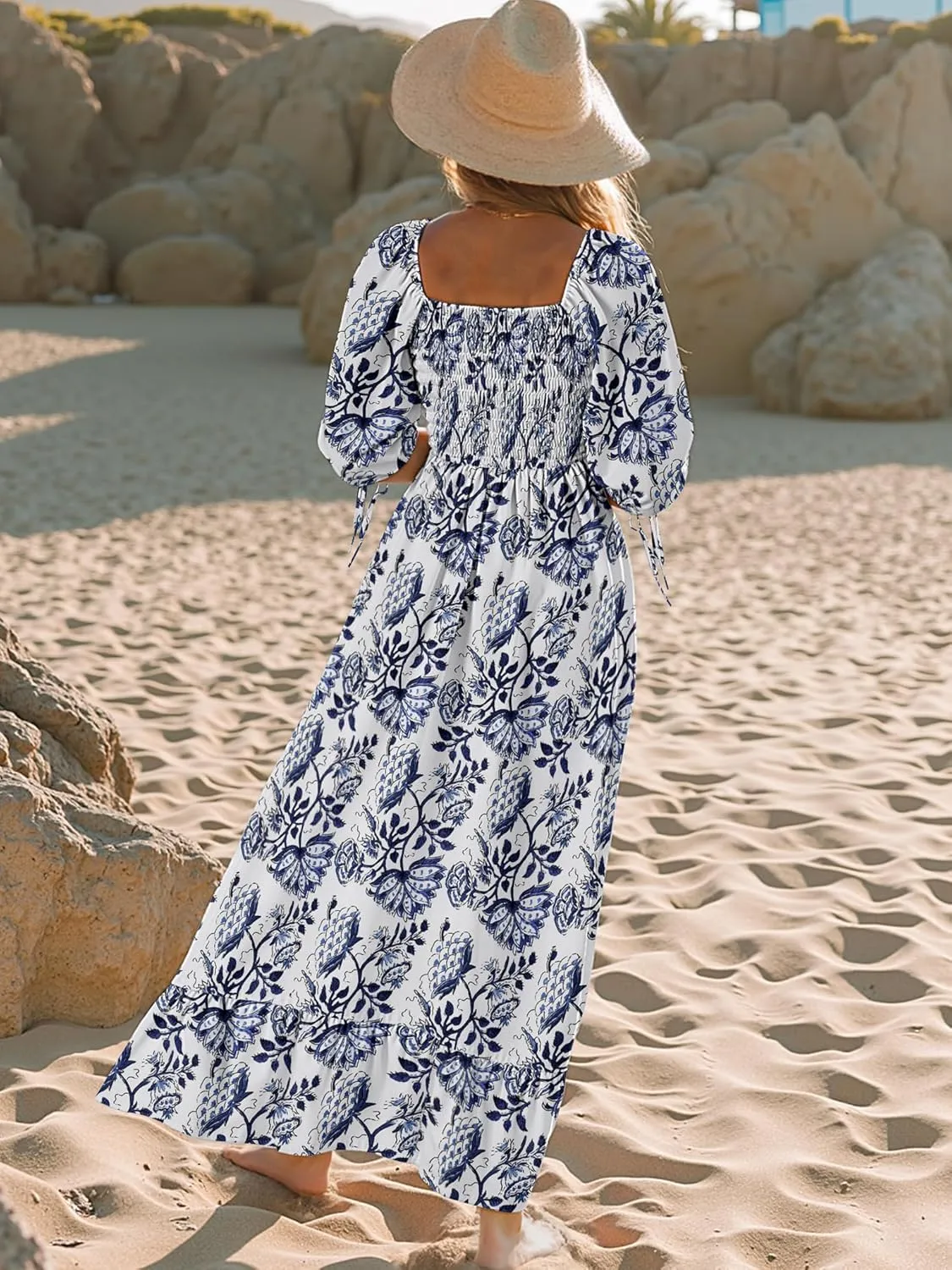 Women Boho Maxi Dresses Summer 2025 Puff Sleeve Square Neck Smocked Aline Casual Ruffle Tiered Flowy Beach Long Dress Pocket