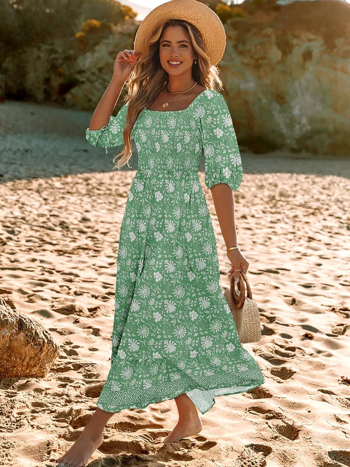 Women Boho Maxi Dresses Summer 2025 Puff Sleeve Square Neck Smocked Aline Casual Ruffle Tiered Flowy Beach Long Dress Pocket