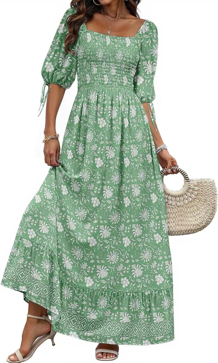 Women Boho Maxi Dresses Summer 2025 Puff Sleeve Square Neck Smocked Aline Casual Ruffle Tiered Flowy Beach Long Dress Pocket