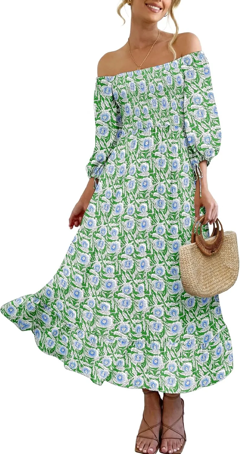 Women Boho Maxi Dresses Summer 2025 Puff Sleeve Square Neck Smocked Aline Casual Ruffle Tiered Flowy Beach Long Dress Pocket