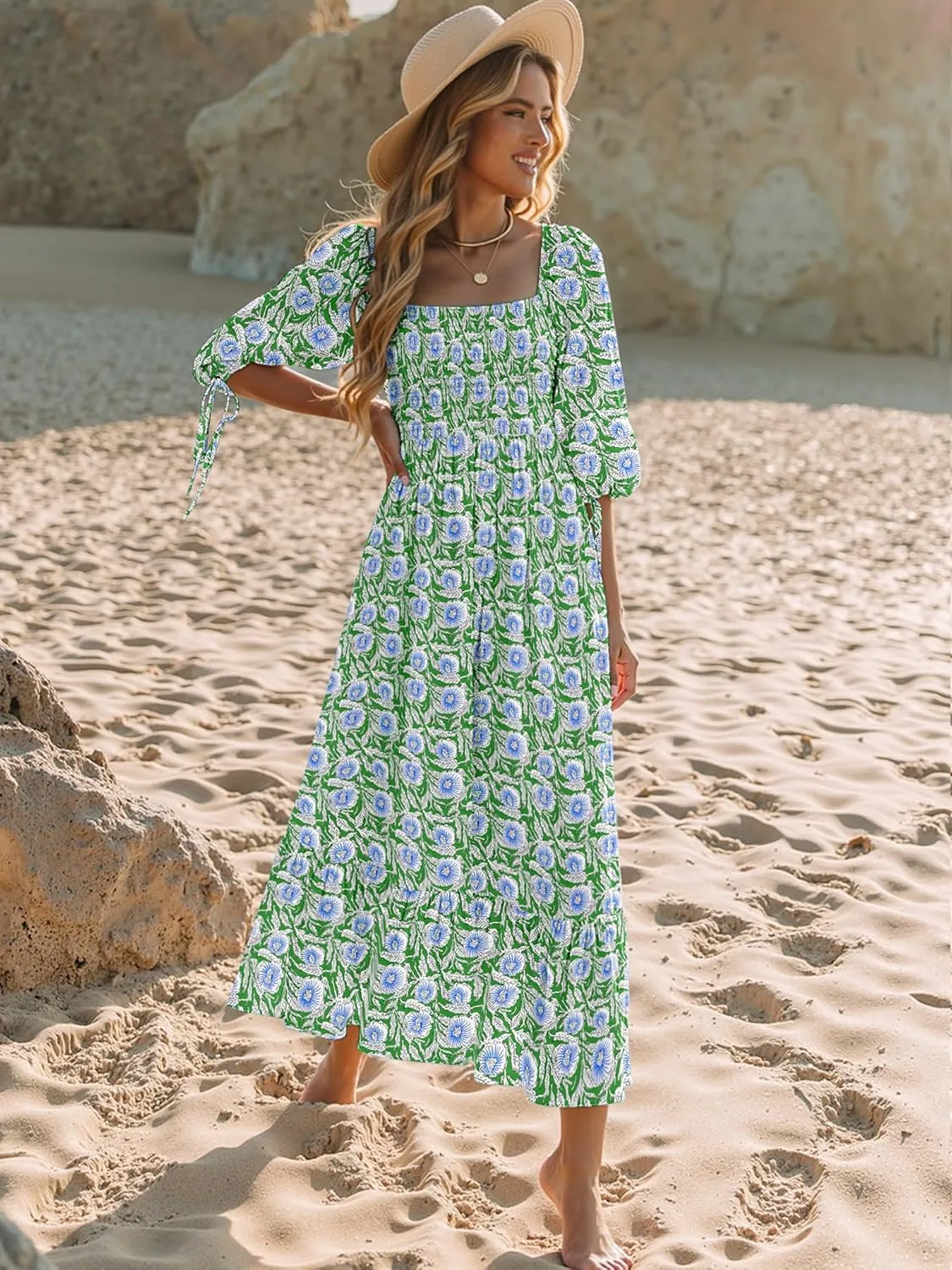 Women Boho Maxi Dresses Summer 2025 Puff Sleeve Square Neck Smocked Aline Casual Ruffle Tiered Flowy Beach Long Dress Pocket