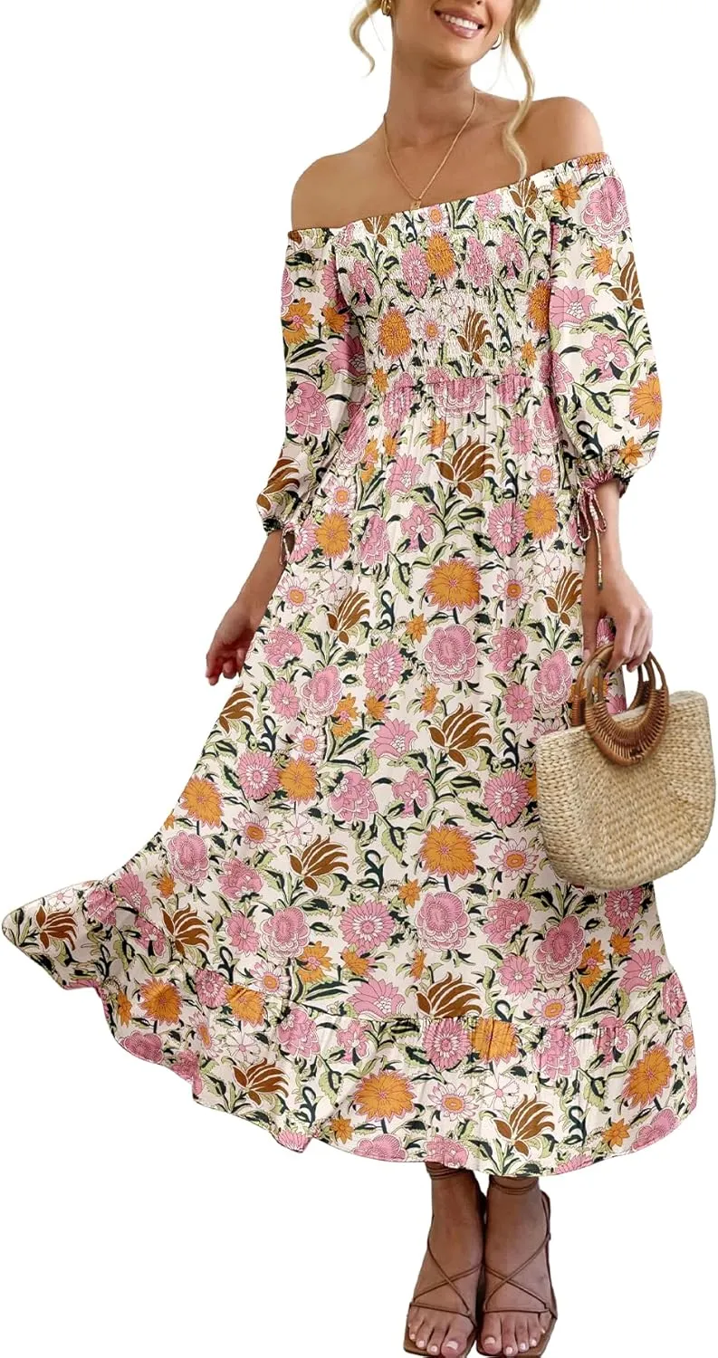 Women Boho Maxi Dresses Summer 2025 Puff Sleeve Square Neck Smocked Aline Casual Ruffle Tiered Flowy Beach Long Dress Pocket