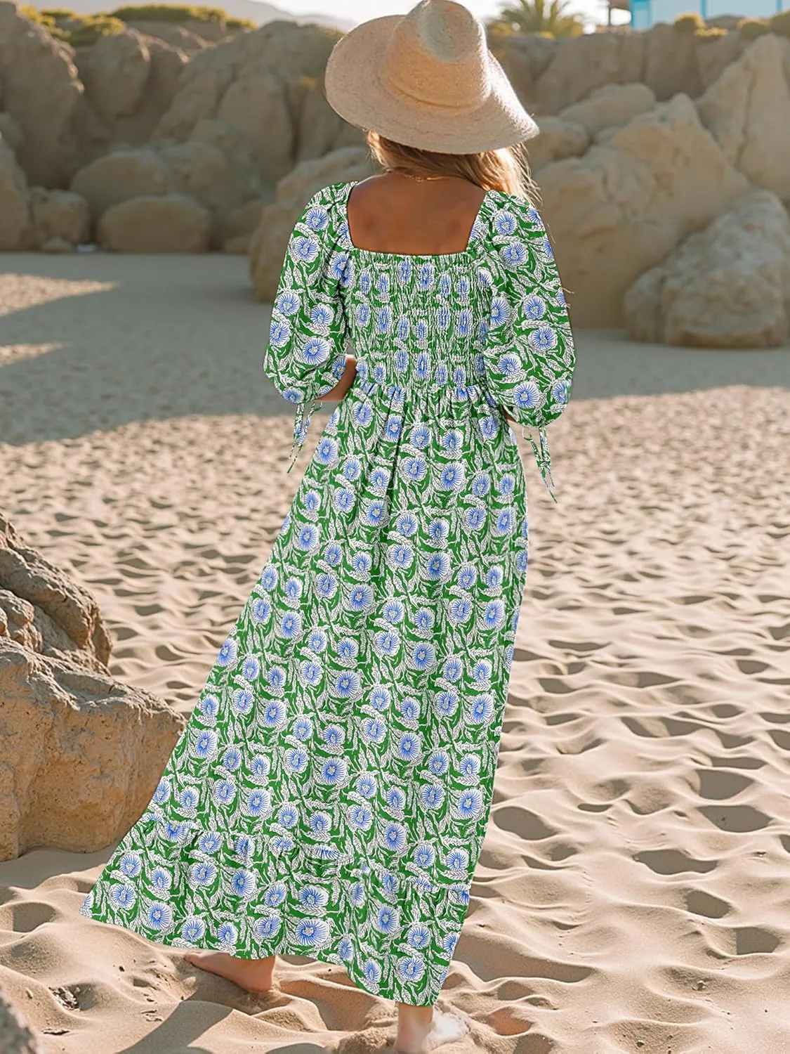 Women Boho Maxi Dresses Summer 2025 Puff Sleeve Square Neck Smocked Aline Casual Ruffle Tiered Flowy Beach Long Dress Pocket