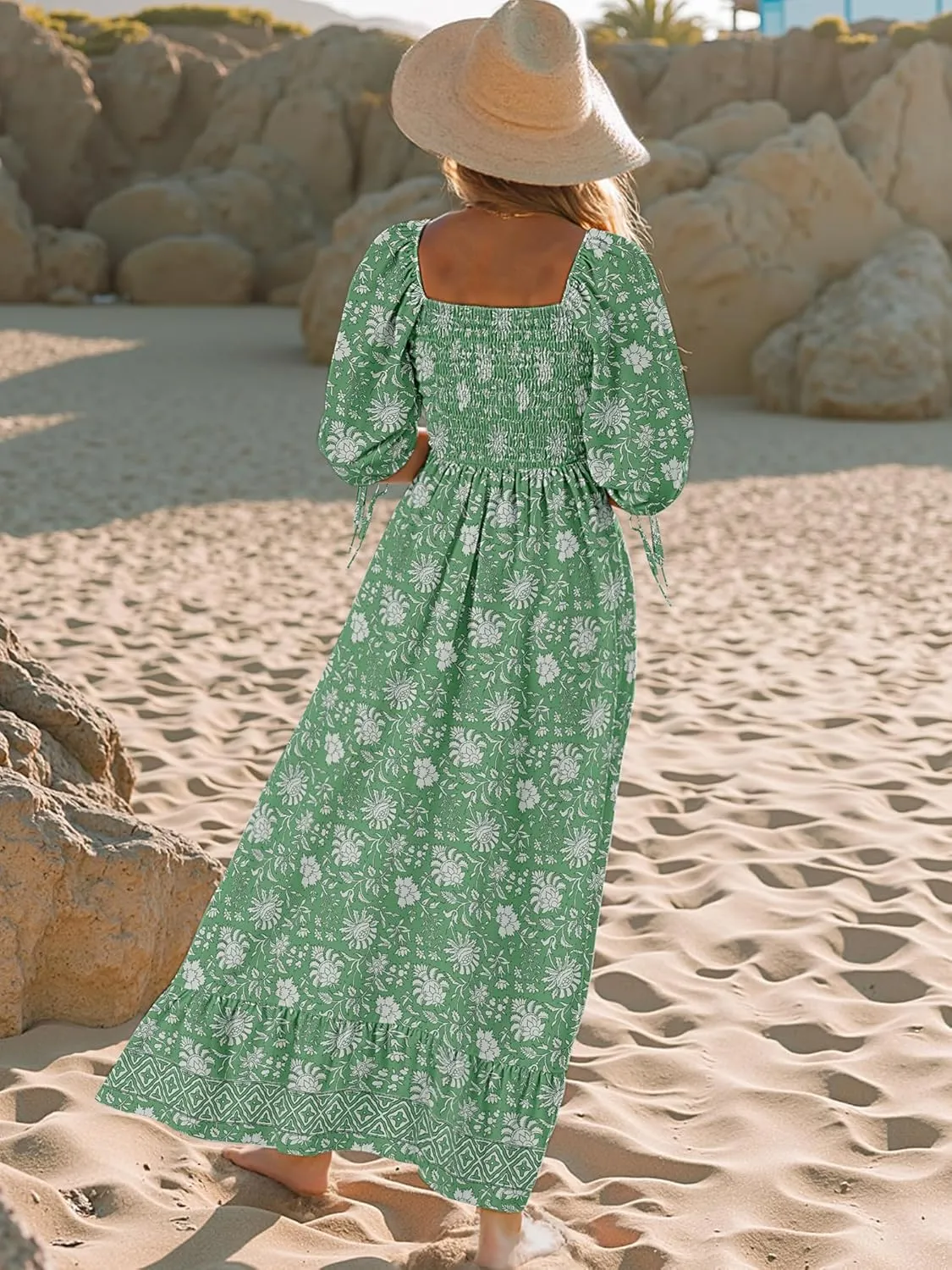 Women Boho Maxi Dresses Summer 2025 Puff Sleeve Square Neck Smocked Aline Casual Ruffle Tiered Flowy Beach Long Dress Pocket