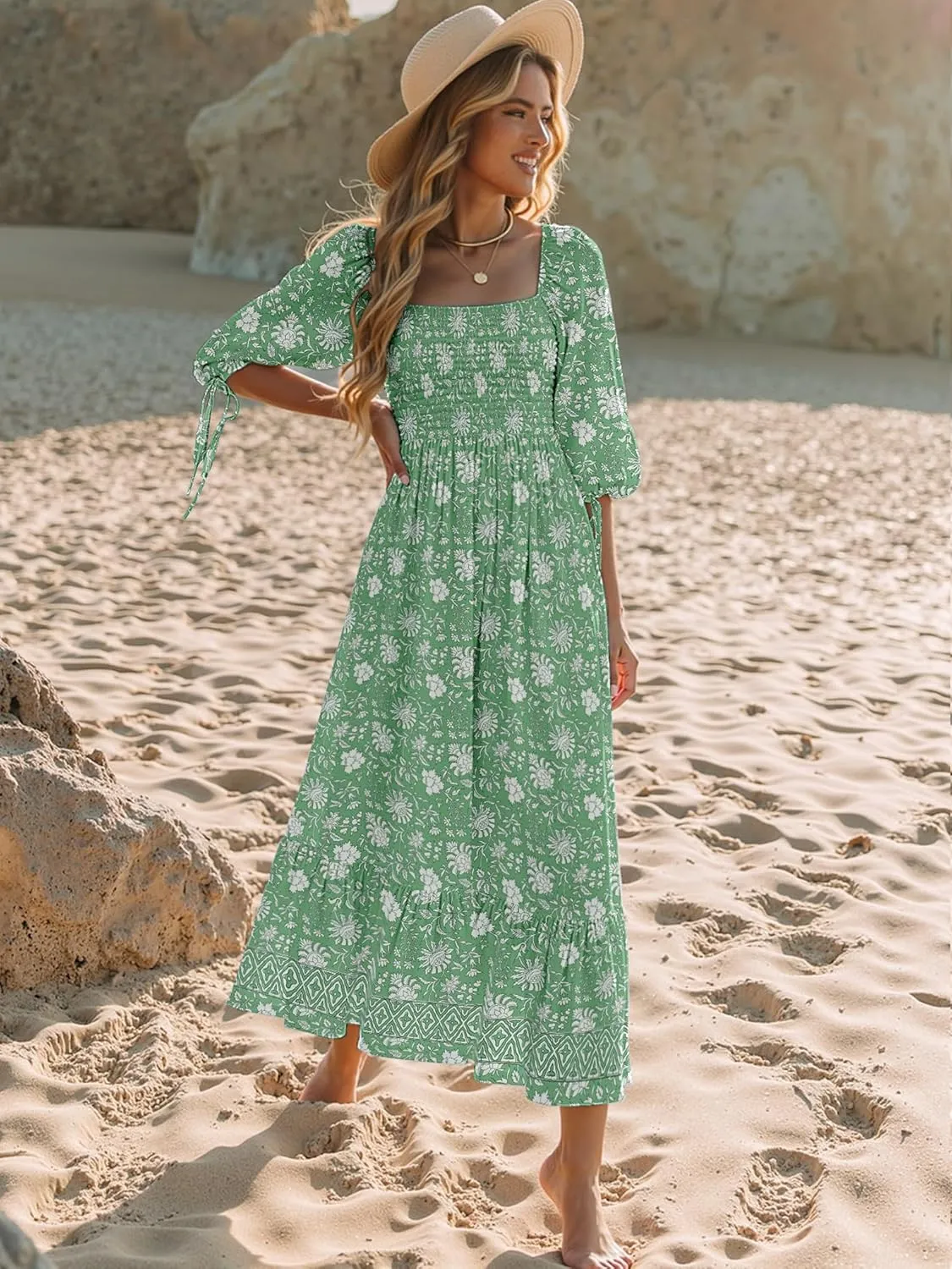Women Boho Maxi Dresses Summer 2025 Puff Sleeve Square Neck Smocked Aline Casual Ruffle Tiered Flowy Beach Long Dress Pocket