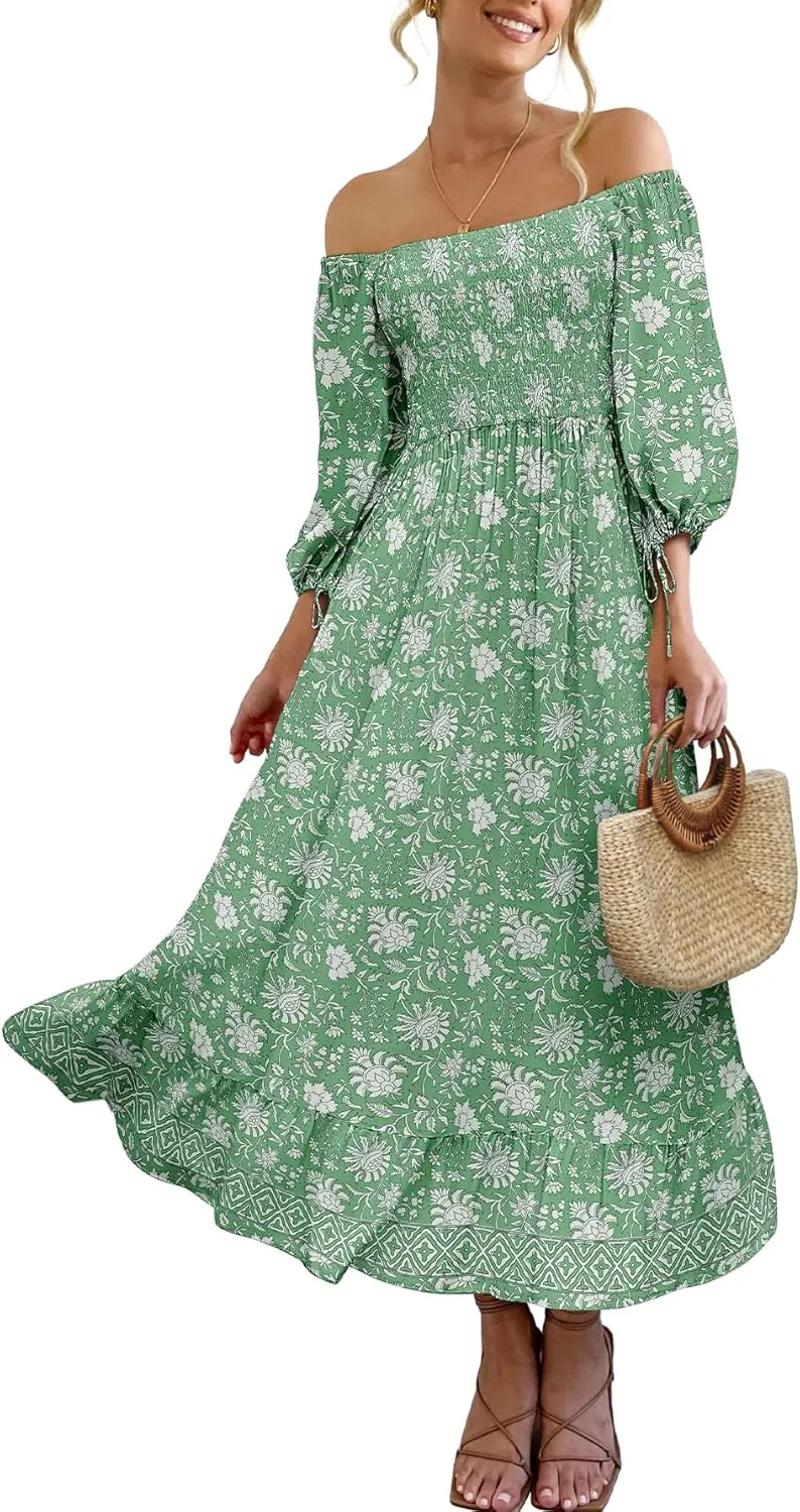 Women Boho Maxi Dresses Summer 2025 Puff Sleeve Square Neck Smocked Aline Casual Ruffle Tiered Flowy Beach Long Dress Pocket