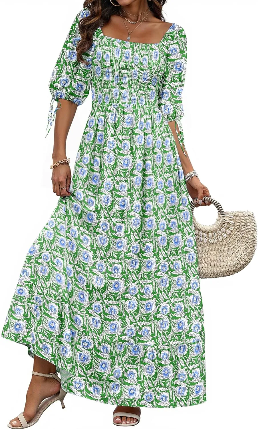 Women Boho Maxi Dresses Summer 2025 Puff Sleeve Square Neck Smocked Aline Casual Ruffle Tiered Flowy Beach Long Dress Pocket