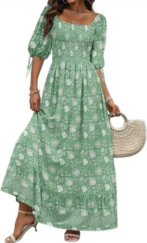 Women Boho Maxi Dresses Summer 2025 Puff Sleeve Square Neck Smocked Aline Casual Ruffle Tiered Flowy Beach Long Dress Pocket