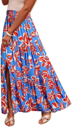 Women Boho Pleated High Cut Slit Maxi Long Midi Skort Color Block Floral Graphic Skirts for Women Skort 2025