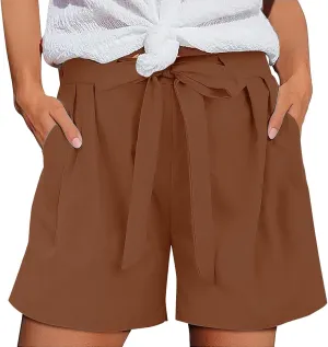Women Casual Linen Shorts Flowy Comfy Beach Elastic Waist Short Soft Adjustable Tie Knotted Summer Plain Dressy Pants