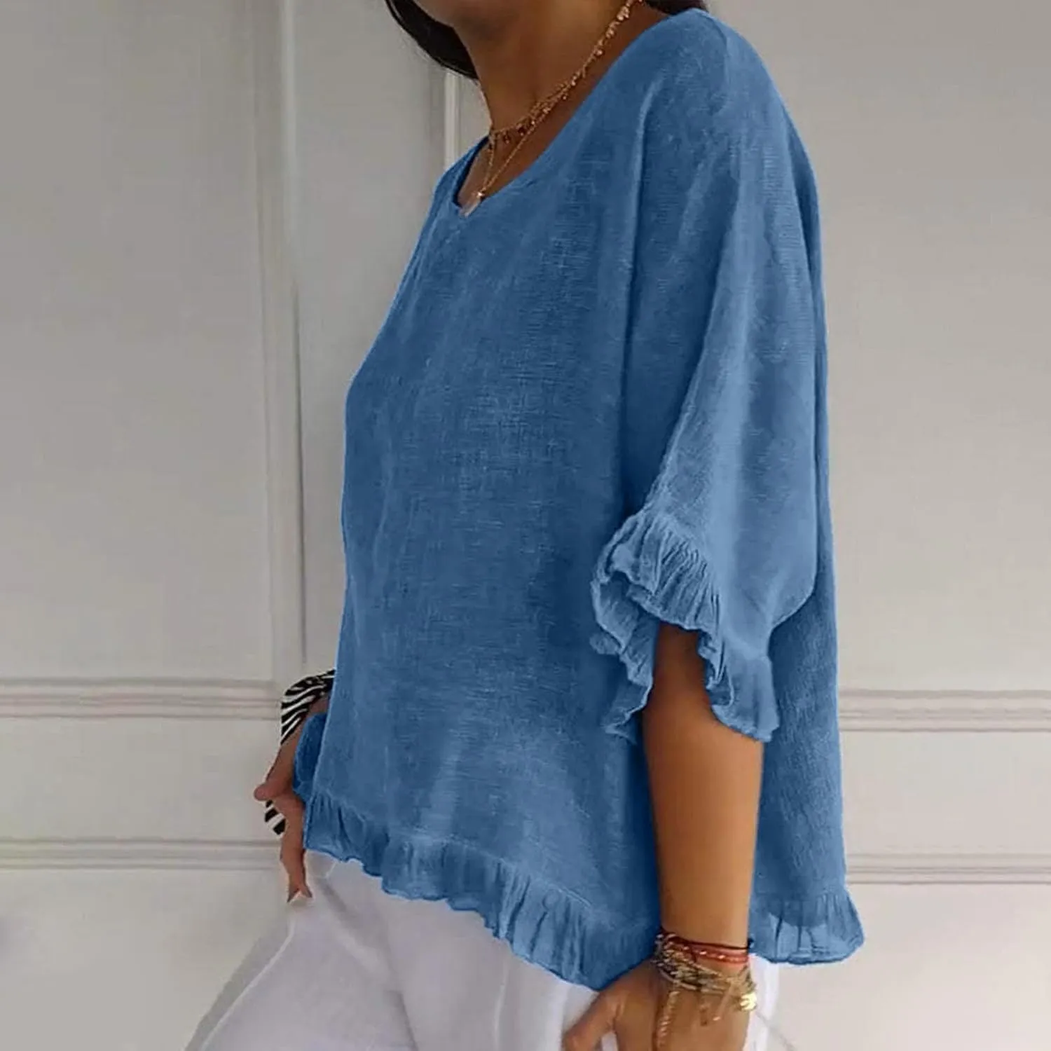 Women Cotton Linen Crewneck Shirts Ruffled Hem Tops Casual Half Sleeve Tees Summer Outfits Loose Fit Tees Boho Tops