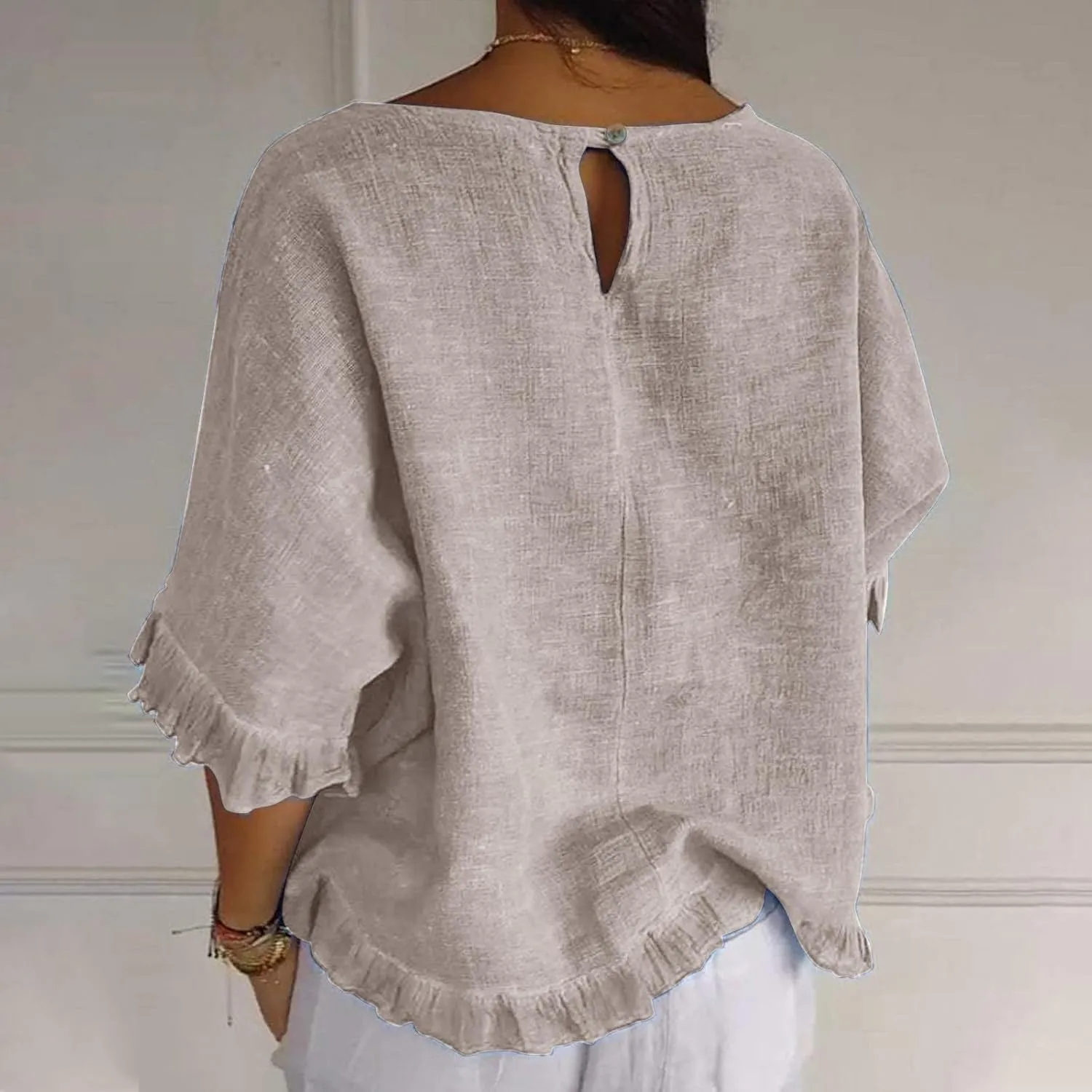 Women Cotton Linen Crewneck Shirts Ruffled Hem Tops Casual Half Sleeve Tees Summer Outfits Loose Fit Tees Boho Tops