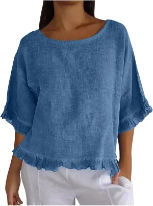 Women Cotton Linen Crewneck Shirts Ruffled Hem Tops Casual Half Sleeve Tees Summer Outfits Loose Fit Tees Boho Tops
