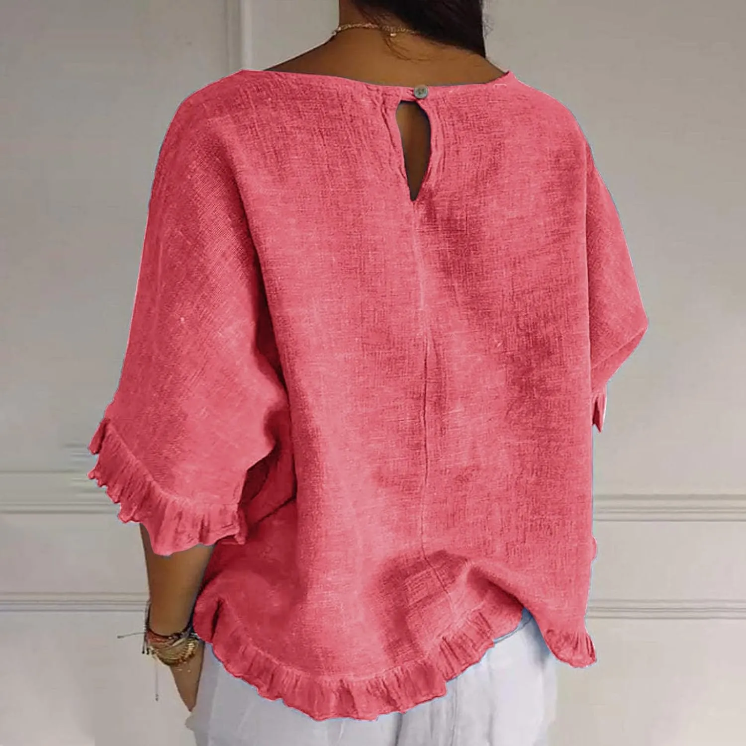 Women Cotton Linen Crewneck Shirts Ruffled Hem Tops Casual Half Sleeve Tees Summer Outfits Loose Fit Tees Boho Tops