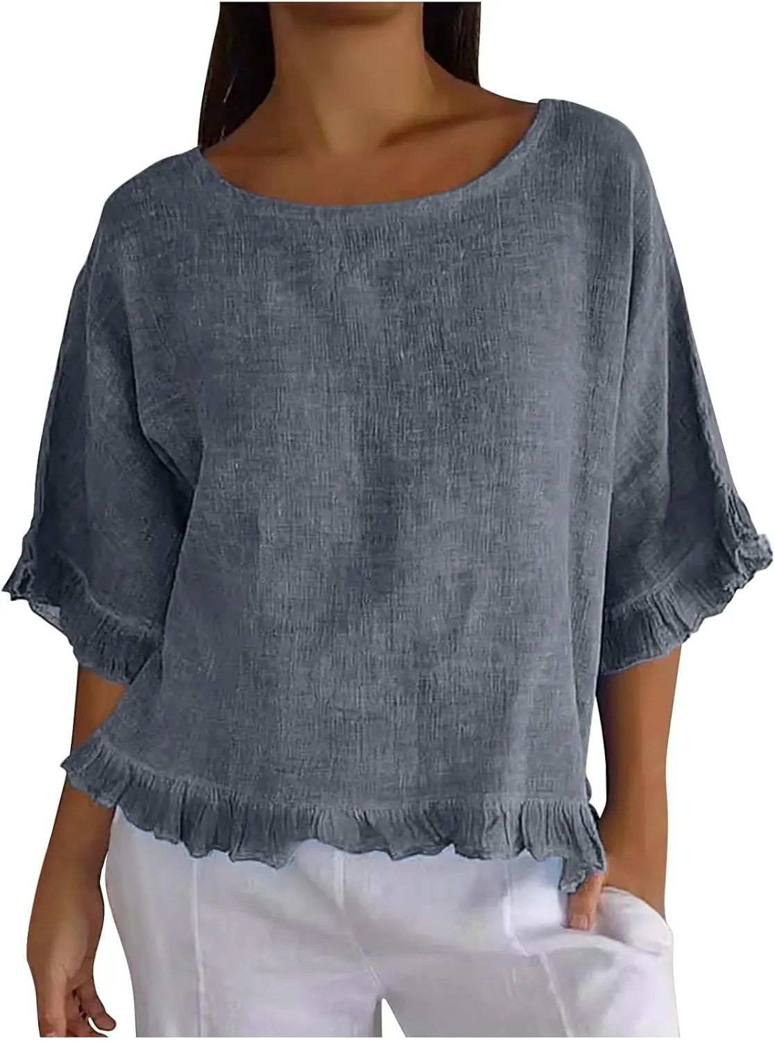 Women Cotton Linen Crewneck Shirts Ruffled Hem Tops Casual Half Sleeve Tees Summer Outfits Loose Fit Tees Boho Tops