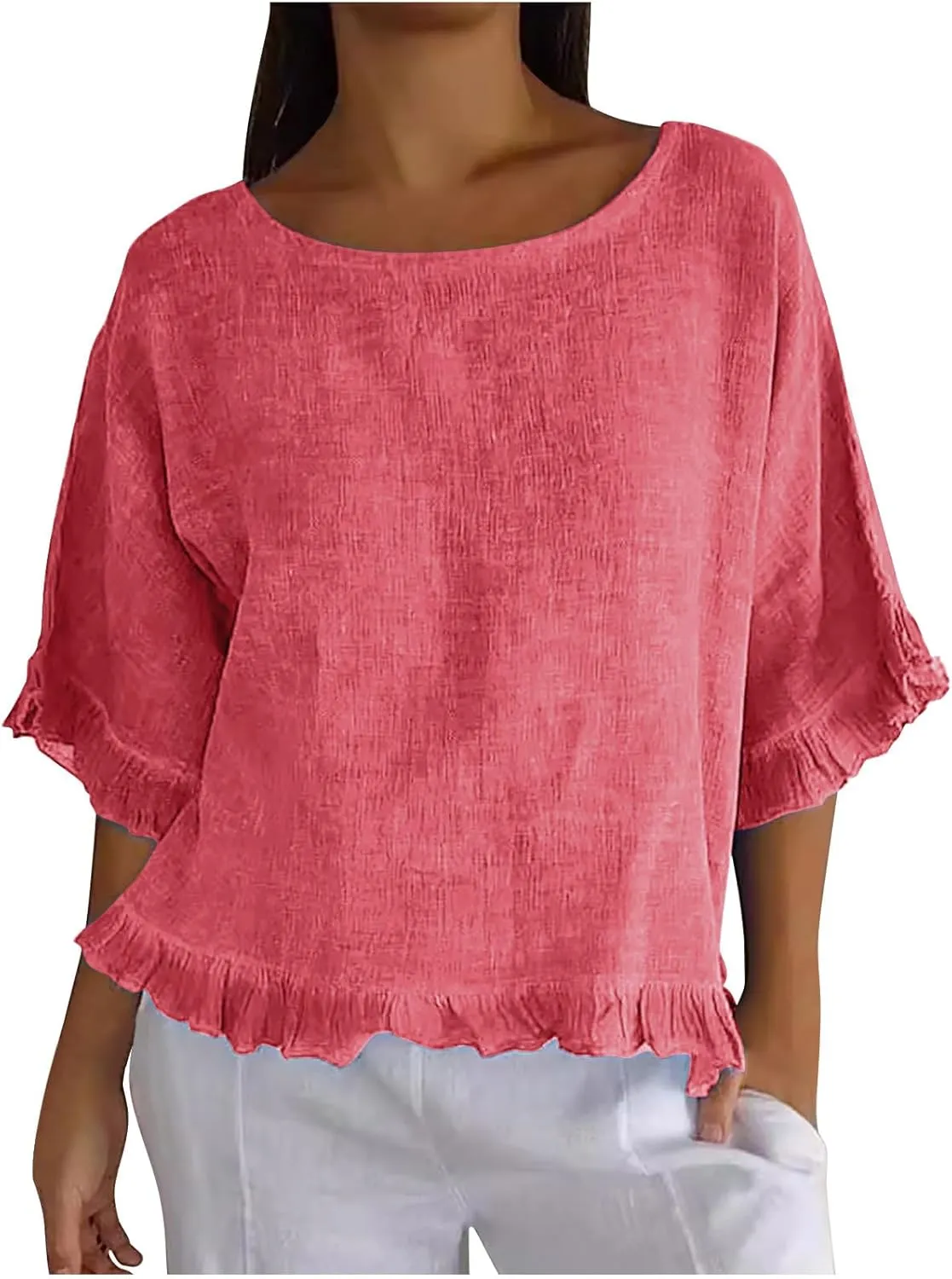 Women Cotton Linen Crewneck Shirts Ruffled Hem Tops Casual Half Sleeve Tees Summer Outfits Loose Fit Tees Boho Tops