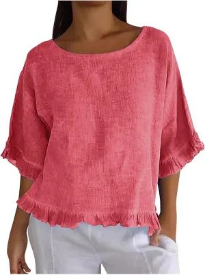 Women Cotton Linen Crewneck Shirts Ruffled Hem Tops Casual Half Sleeve Tees Summer Outfits Loose Fit Tees Boho Tops