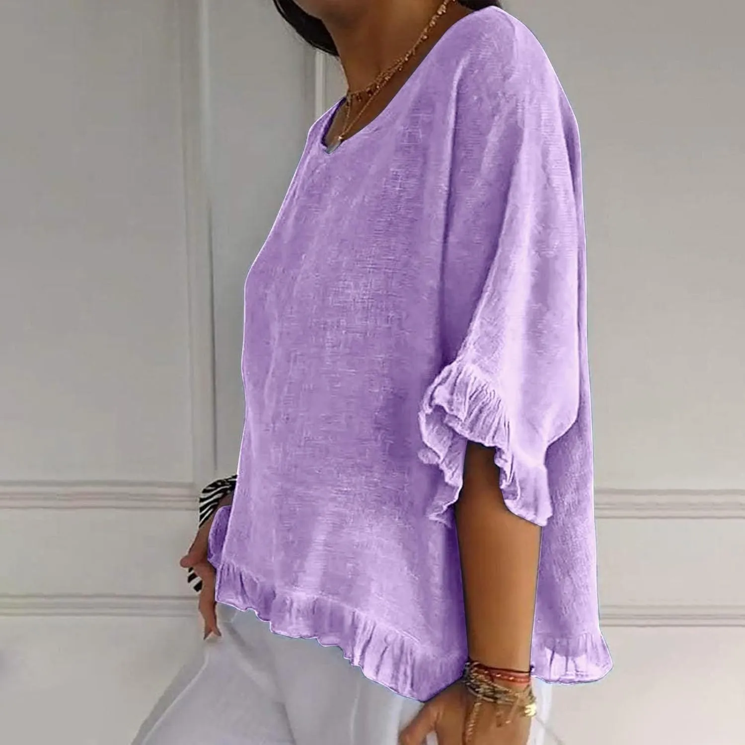 Women Cotton Linen Crewneck Shirts Ruffled Hem Tops Casual Half Sleeve Tees Summer Outfits Loose Fit Tees Boho Tops