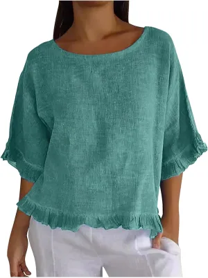 Women Cotton Linen Crewneck Shirts Ruffled Hem Tops Casual Half Sleeve Tees Summer Outfits Loose Fit Tees Boho Tops